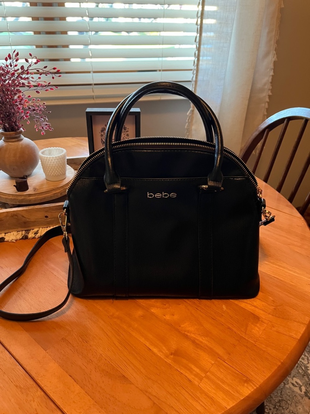 BEBE Black Dome Satchel with Detachable Strap